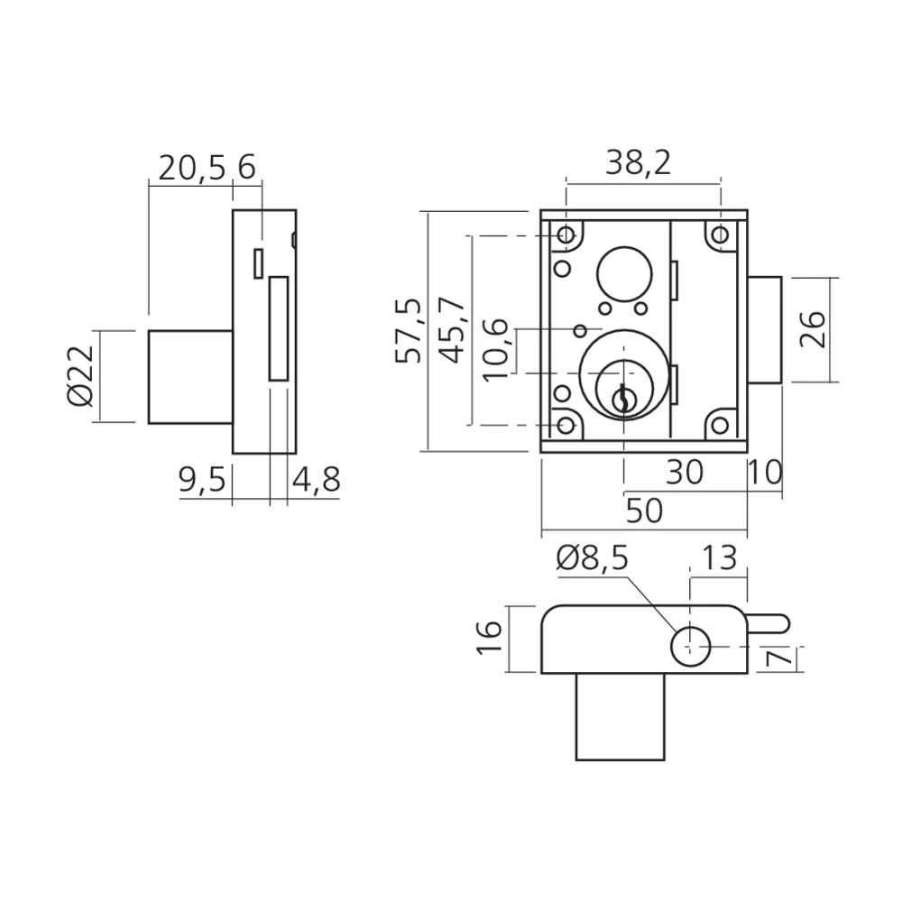 Serrure 3 points cylindre 22