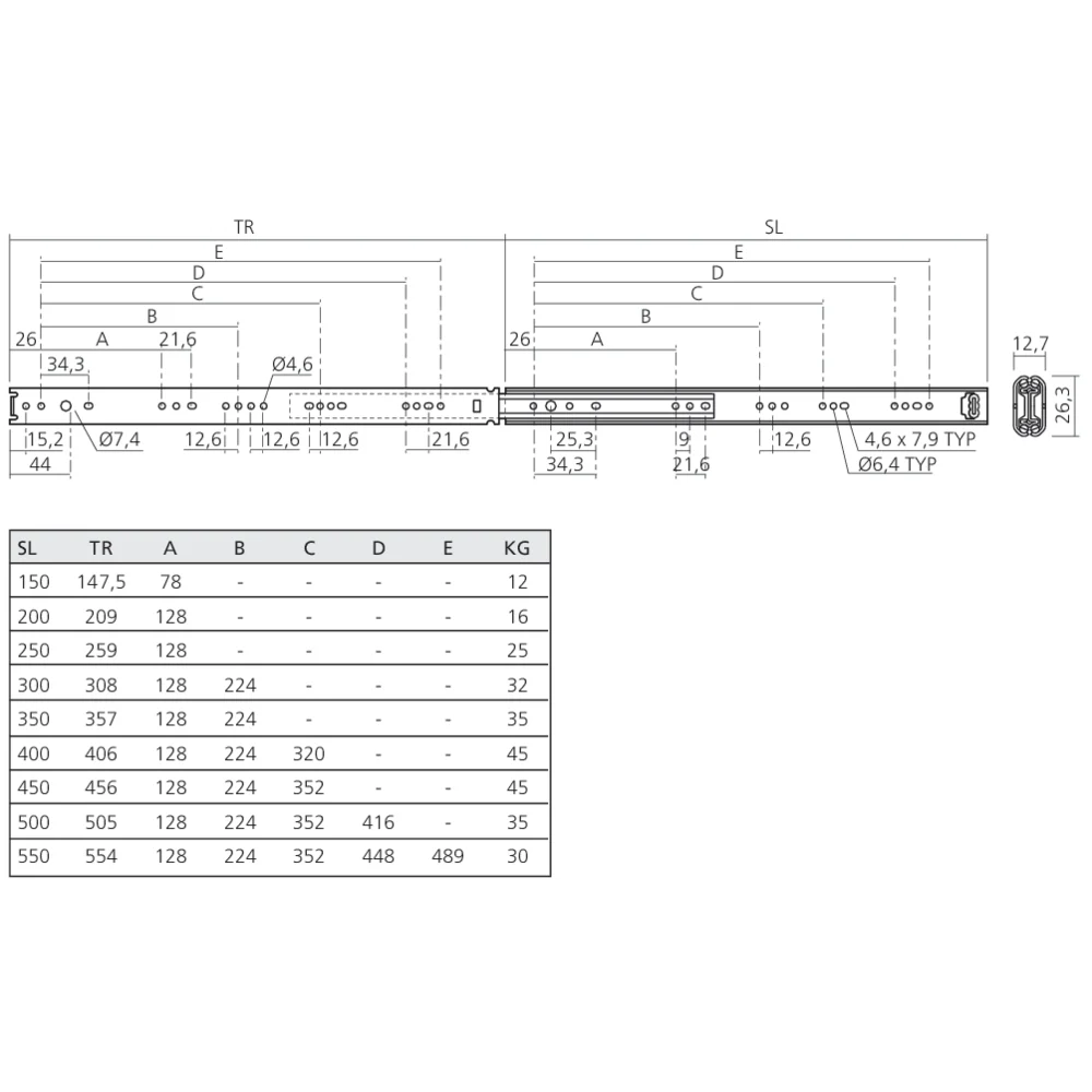 Coulisses à billes sortie totale à encombrement réduit 45 kg