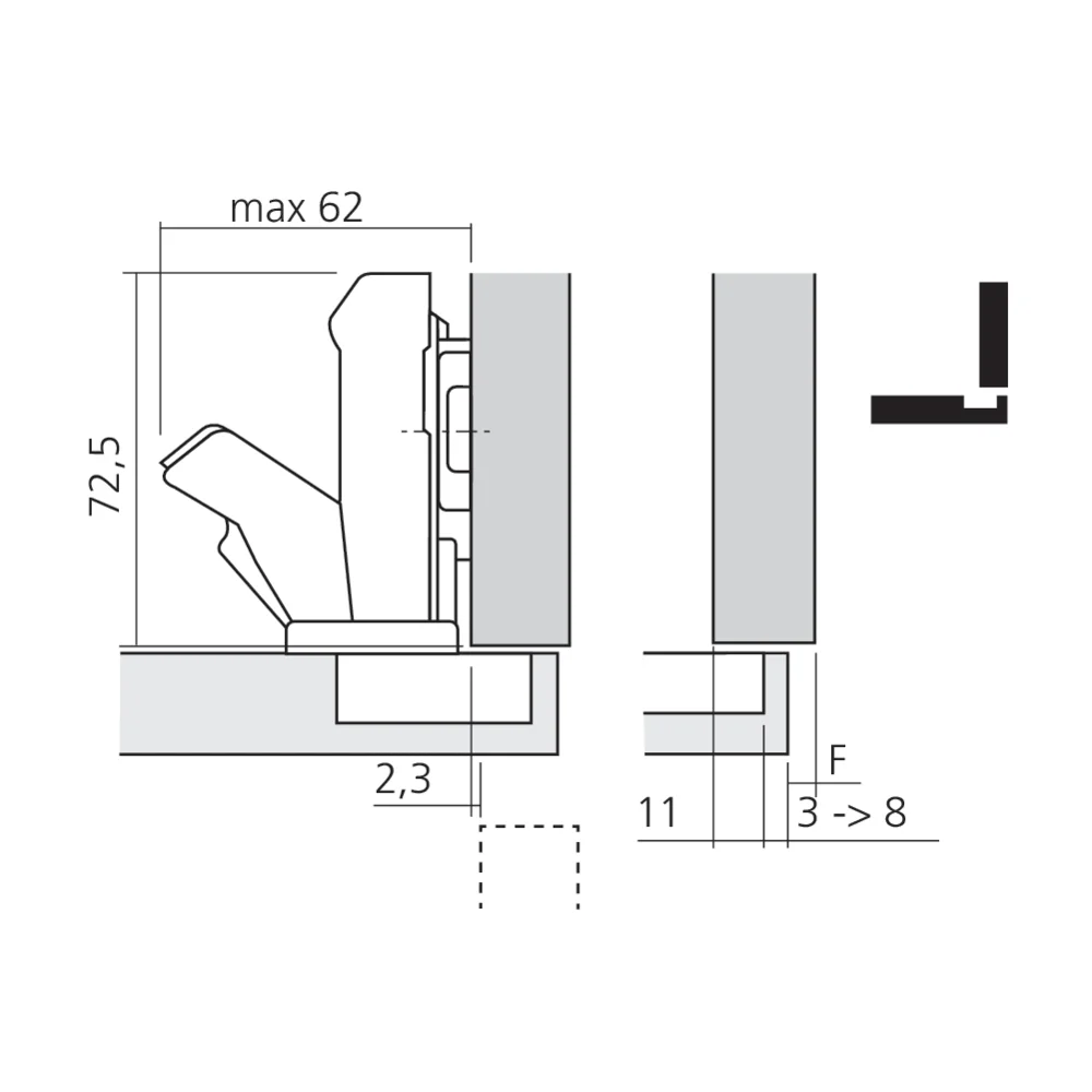 Charnière CLIP top à 155° avec encombrement 0 sans ressort