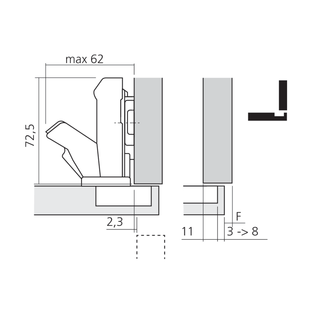 Charnière CLIP top à 155° avec encombrement 0 sans ressort
