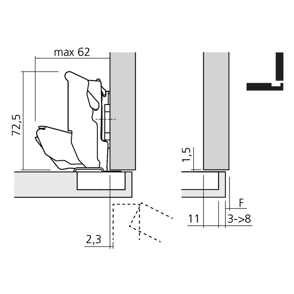 Charnière CLIP top BLUMOTION à 155° avec encombrement 0