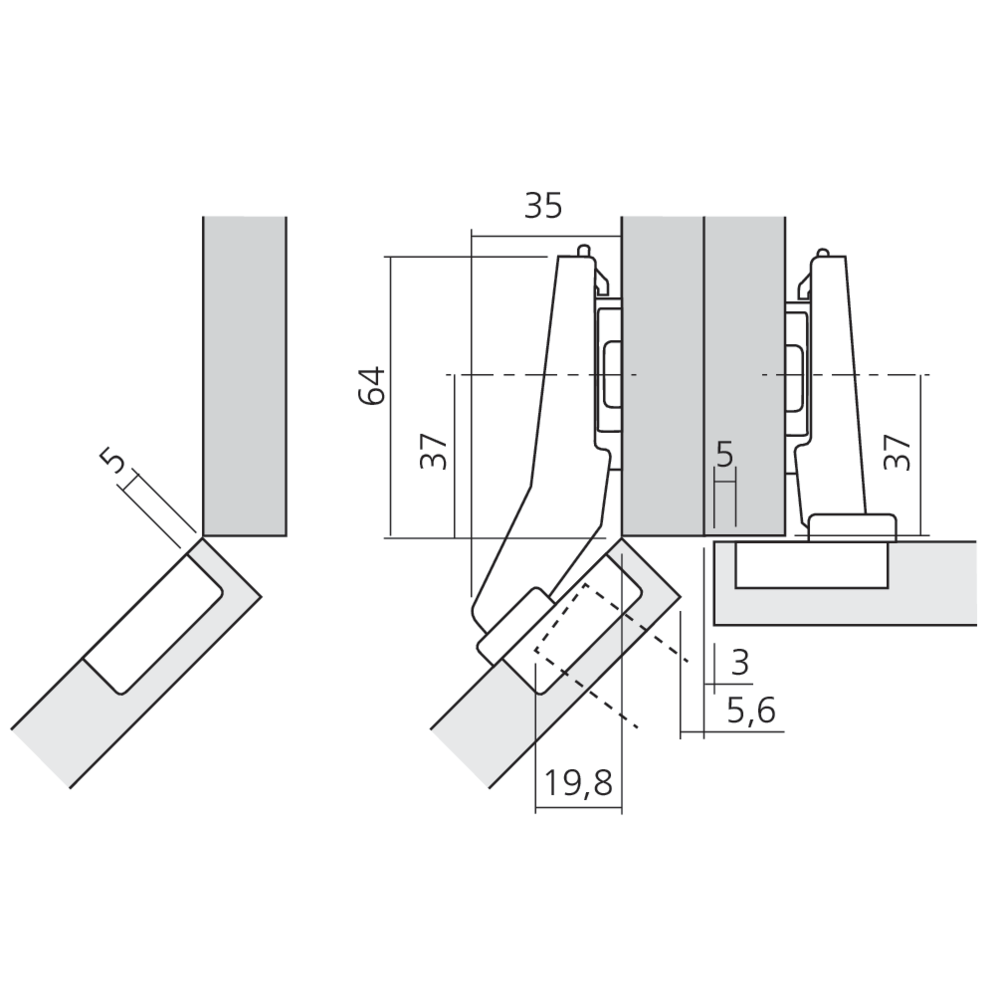 Charnière CLIP top BLUMOTION pour porte à +45° ouverture 95°