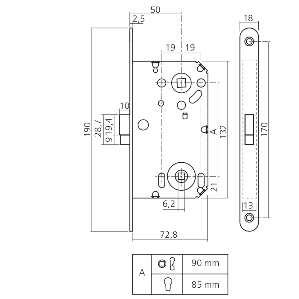 Serrure à pêne magnétique axe 50 têtière 190 x 18