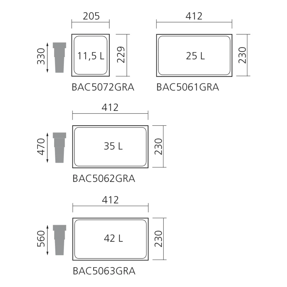 Seaux 11, 25, 35 et 42L pour poubelles tiroir anthracite