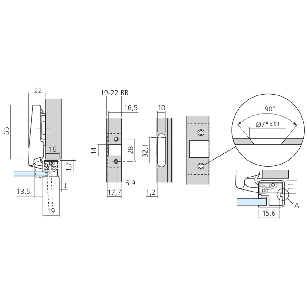 Charnière CLIP top 95 ° pour porte à cadre aluminium en applique