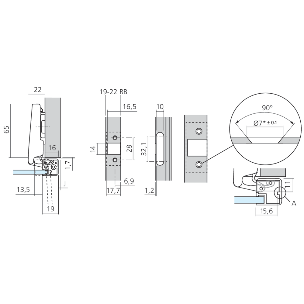 Charnière CLIP top 95 ° pour porte à cadre aluminium en applique