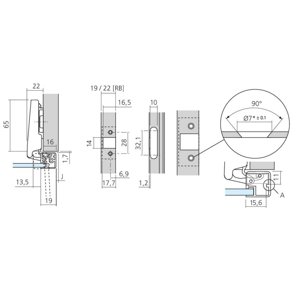 Charnière CLIP top 95 ° pour porte à cadre aluminium en applique