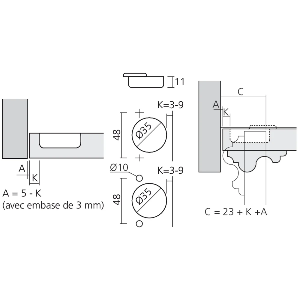 Charnière pour porte épaisse encloisonnée