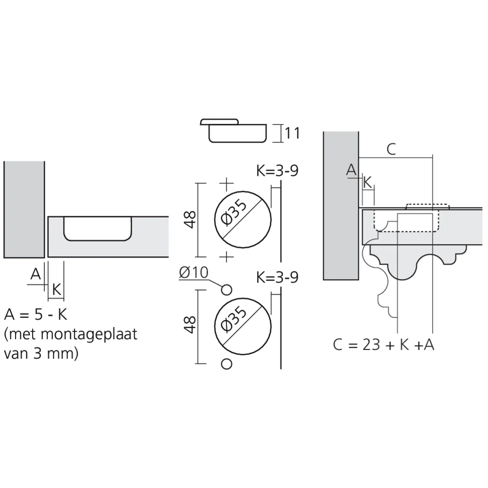 Charnière pour porte épaisse encloisonnée
