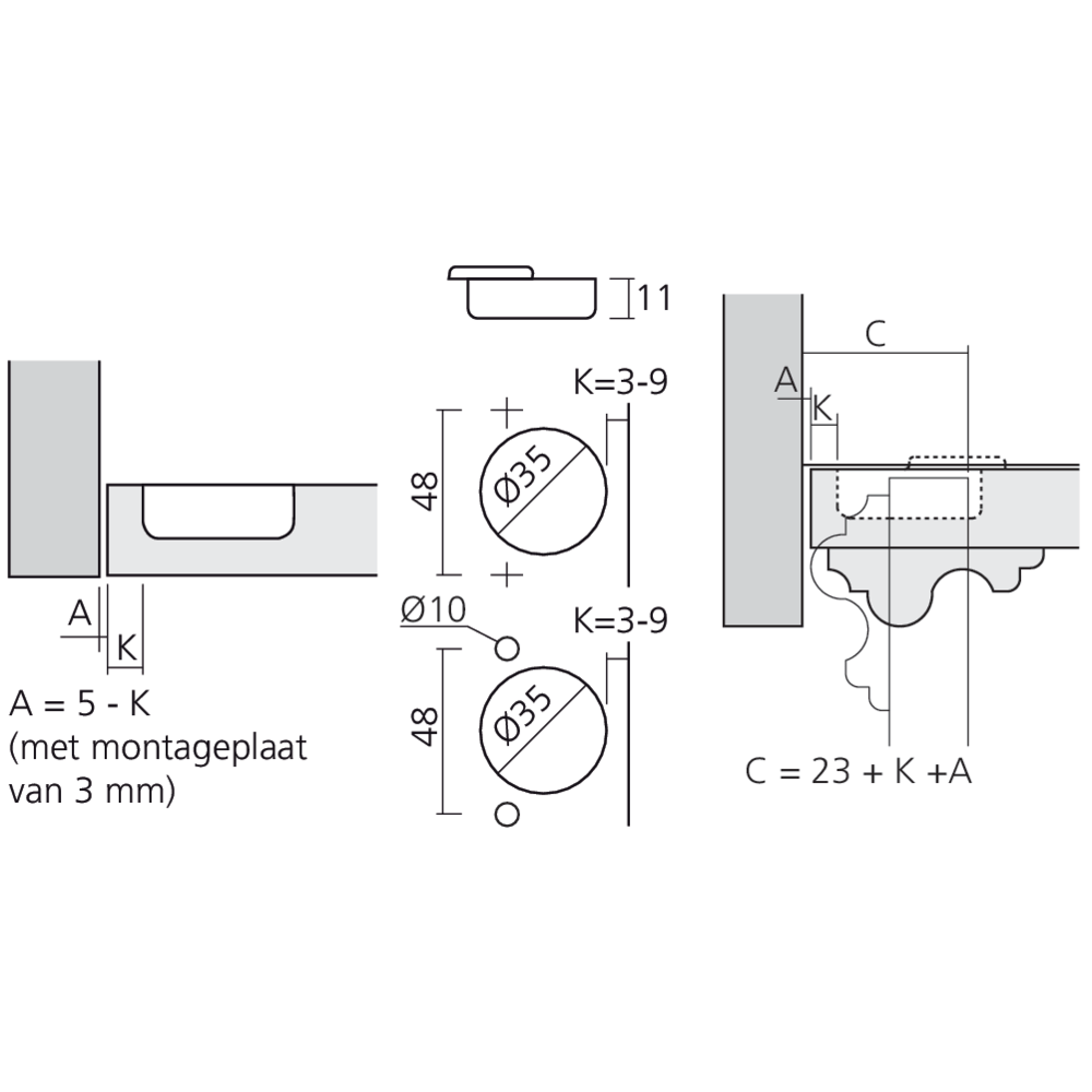 Charnière pour porte épaisse encloisonnée