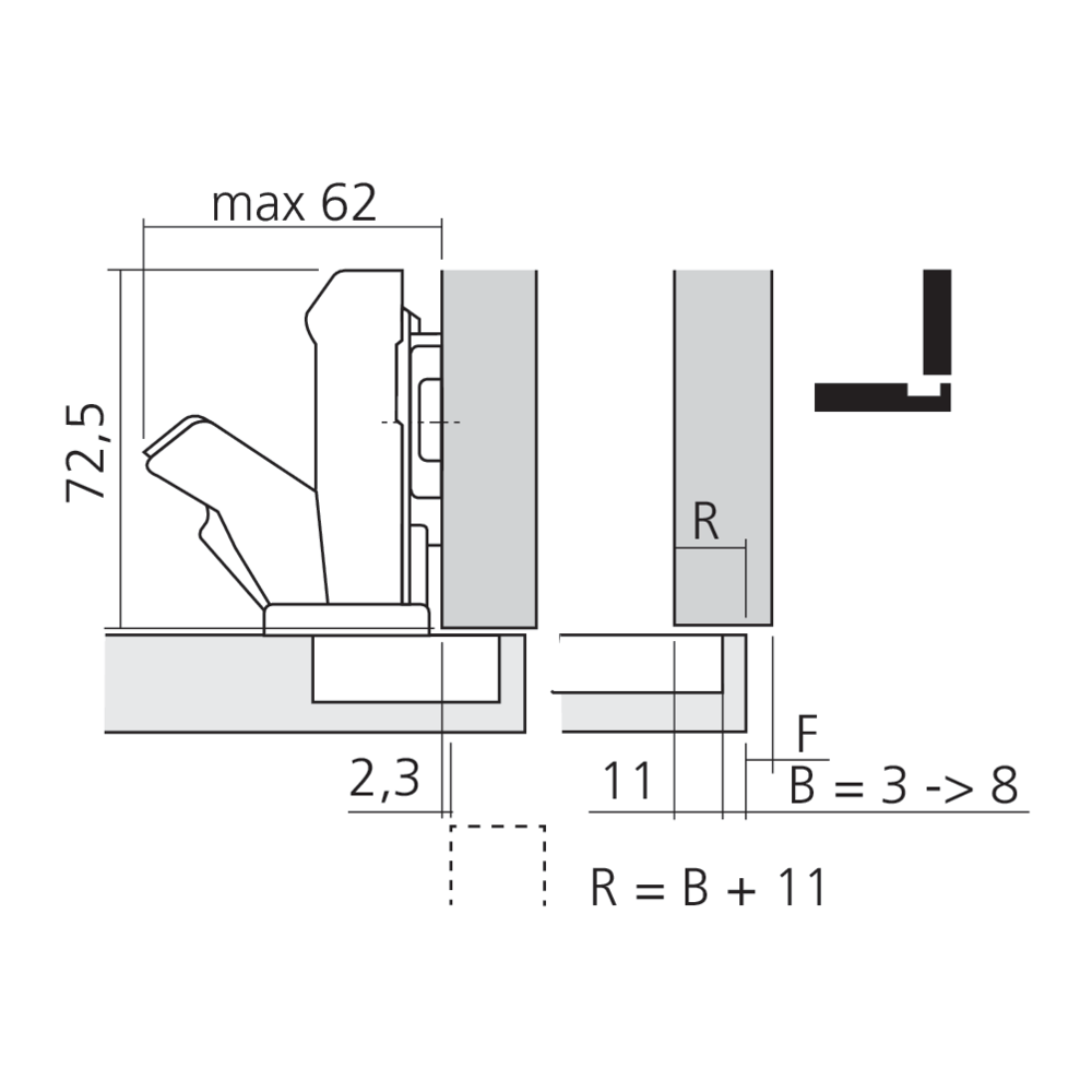 Charnière CLIP top 155° avec encombrement 0
