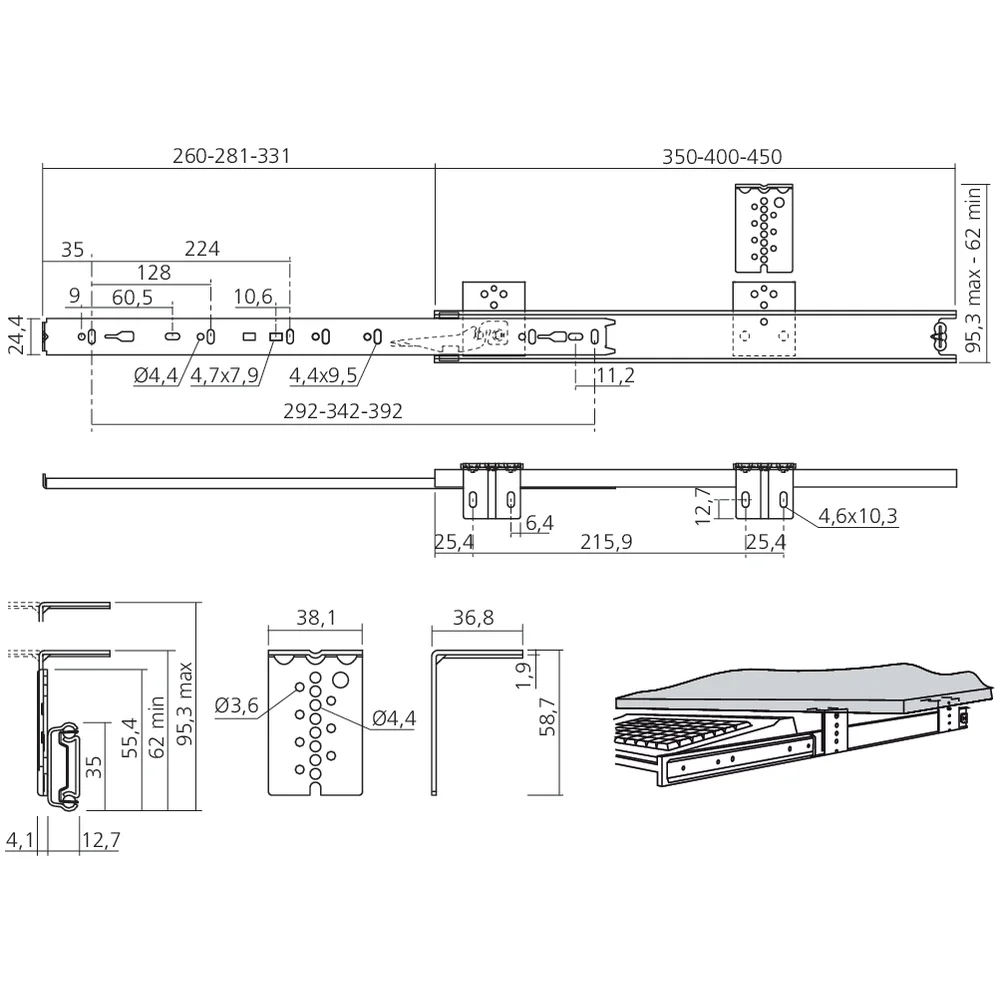 Coulisses à billes de tablette sortie simple 35 kg