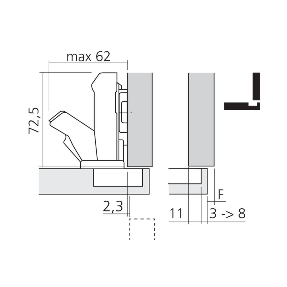 Charnière CLIP top à 155° avec encombrement 0