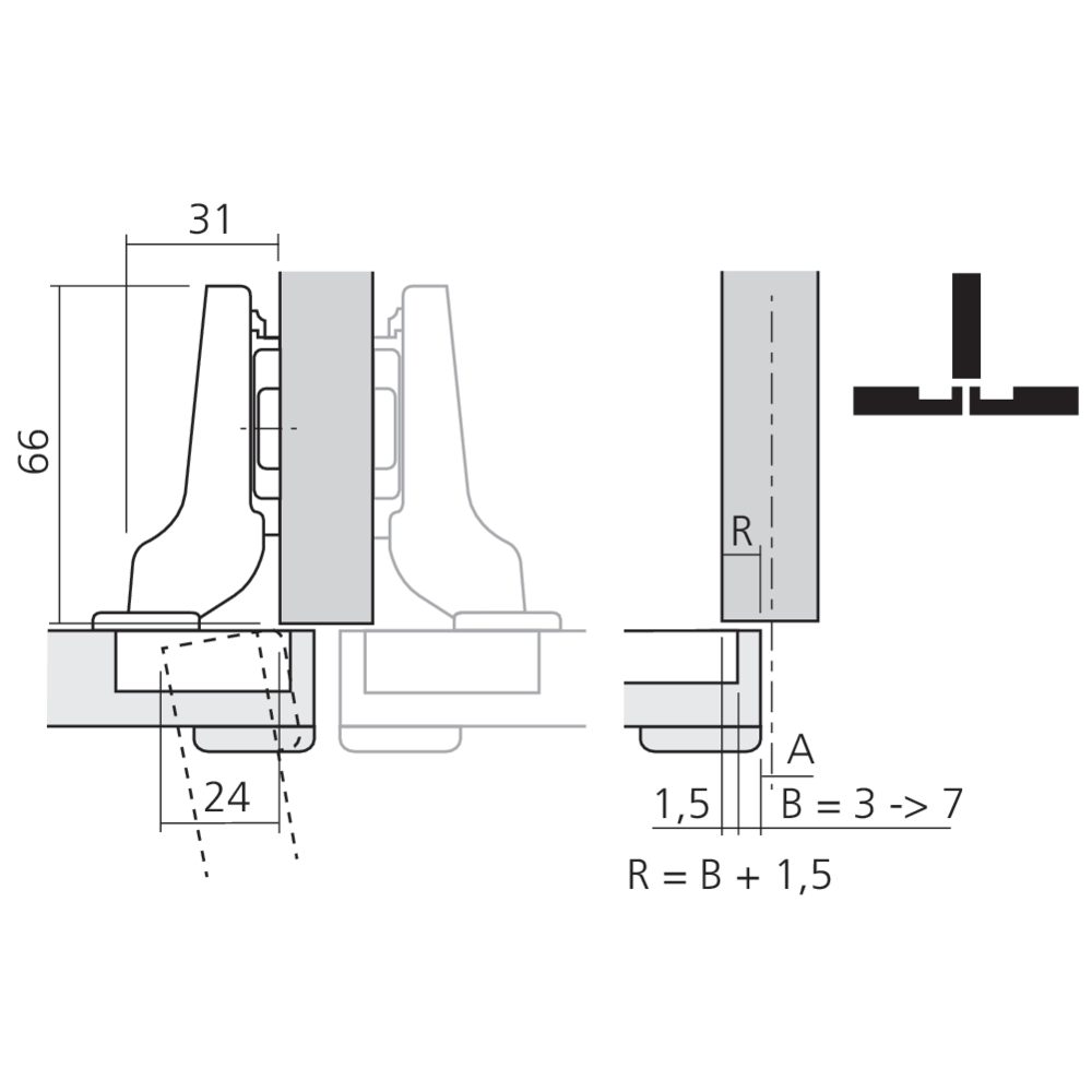 Charnière CLIP top 95° pour porte épaisse en semi-applique