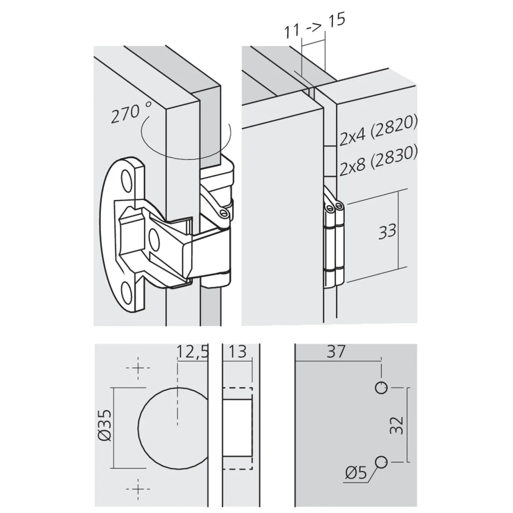 Charnière clipsable à nœud apparent pour porte en applique