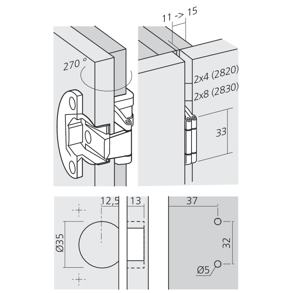 Charnière clipsable à nœud apparent pour porte en applique