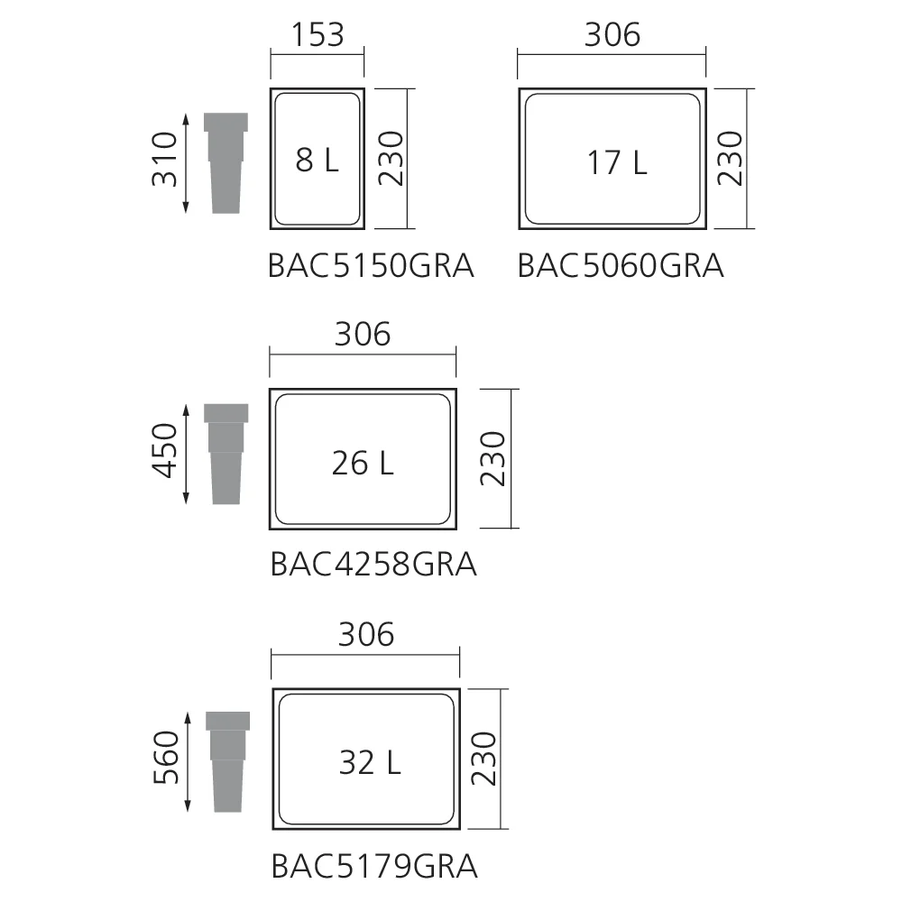 Seaux 8, 17, 26 et 32L pour poubelles tiroir anthracite