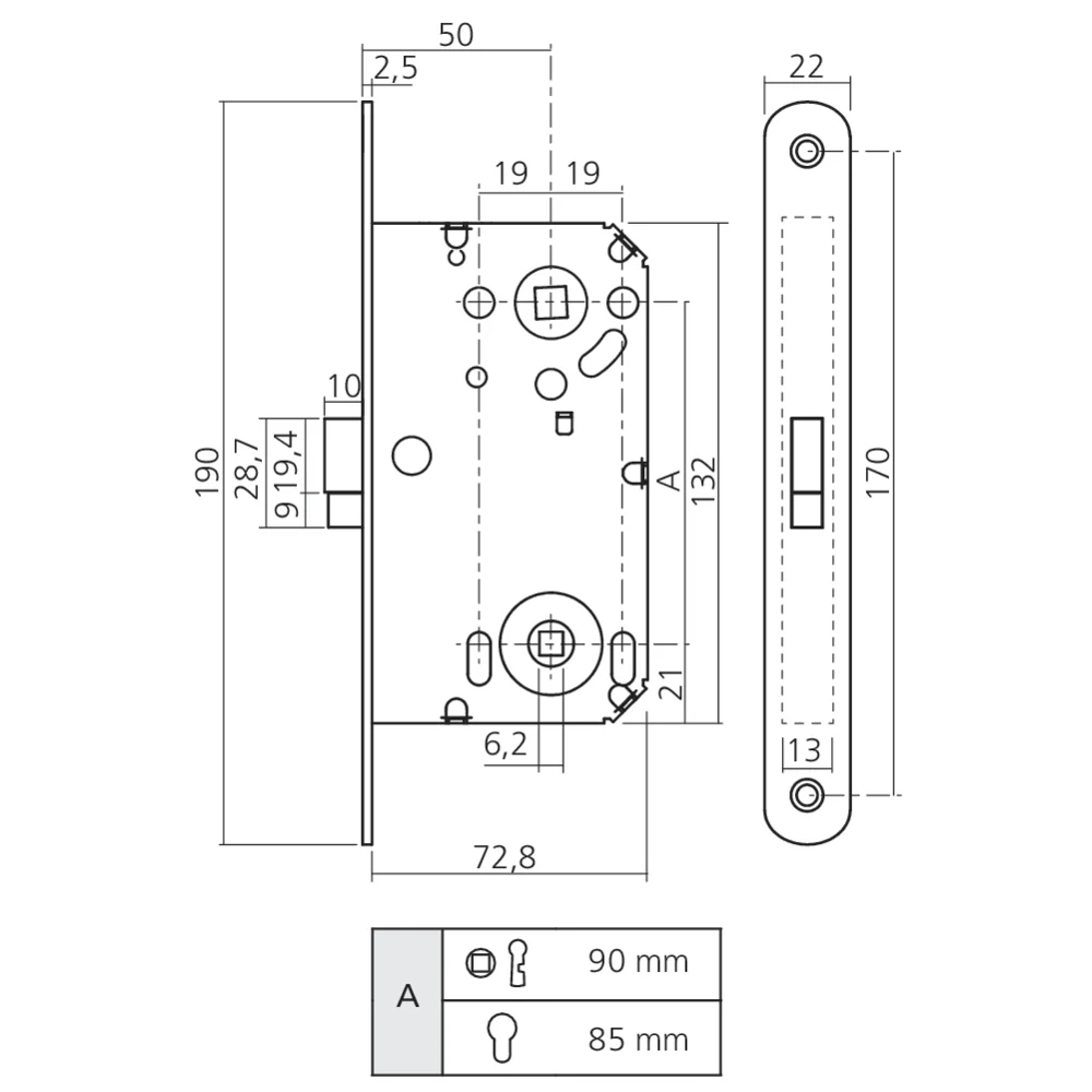 Serrure à pêne magnétique axe 50 têtière 190 x 22