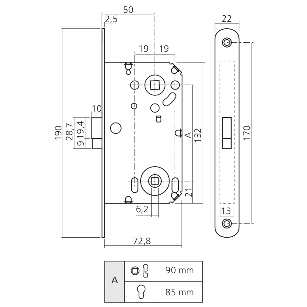 Serrure à pêne magnétique axe 50 têtière 190 x 22
