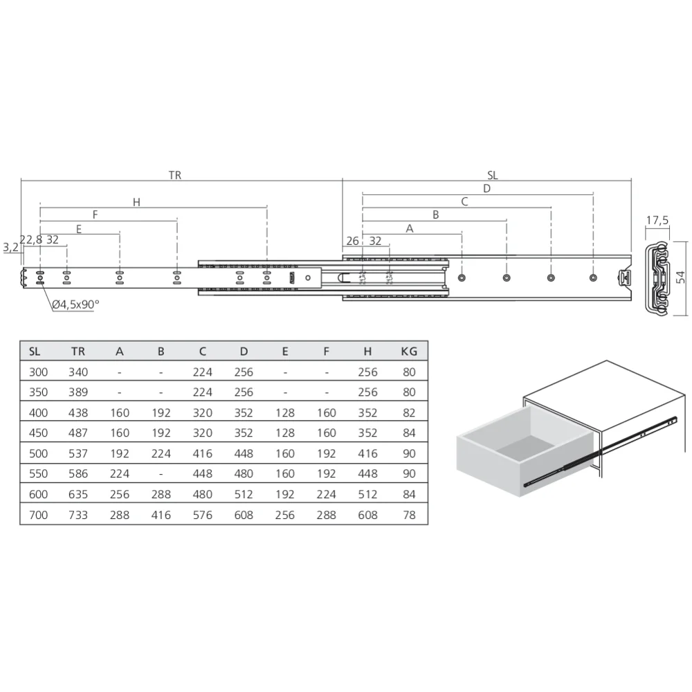 Coulisses à billes sortie totale 90 kg