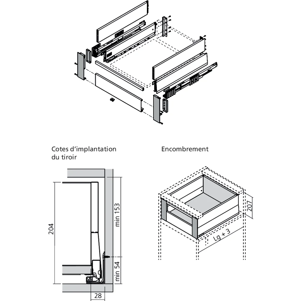 Set attache façade MERIVOBOX tiroir E à l’anglaise avec tube