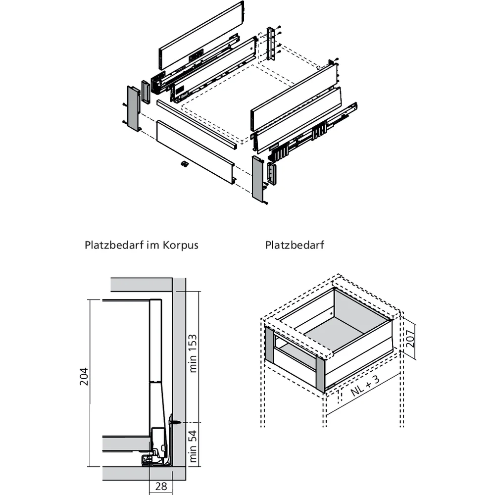 Set attache façade MERIVOBOX tiroir E à l’anglaise avec tube