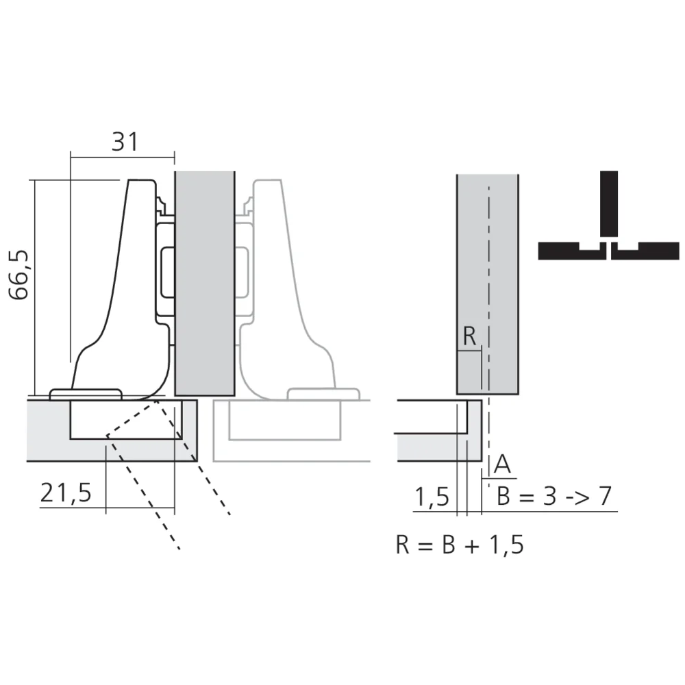 Charnière CLIP top 110° pour porte en semi-applique, sans ressort