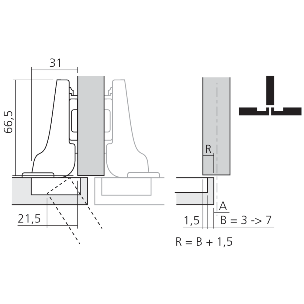 Charnière CLIP top 110° pour porte en semi-applique, sans ressort