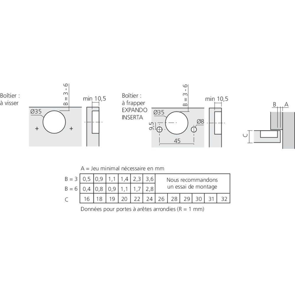 Charnière MODUL à 100° pour porte en applique