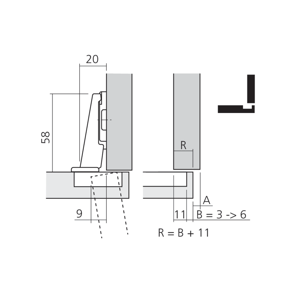 Charnière MODUL à 100° pour porte en applique