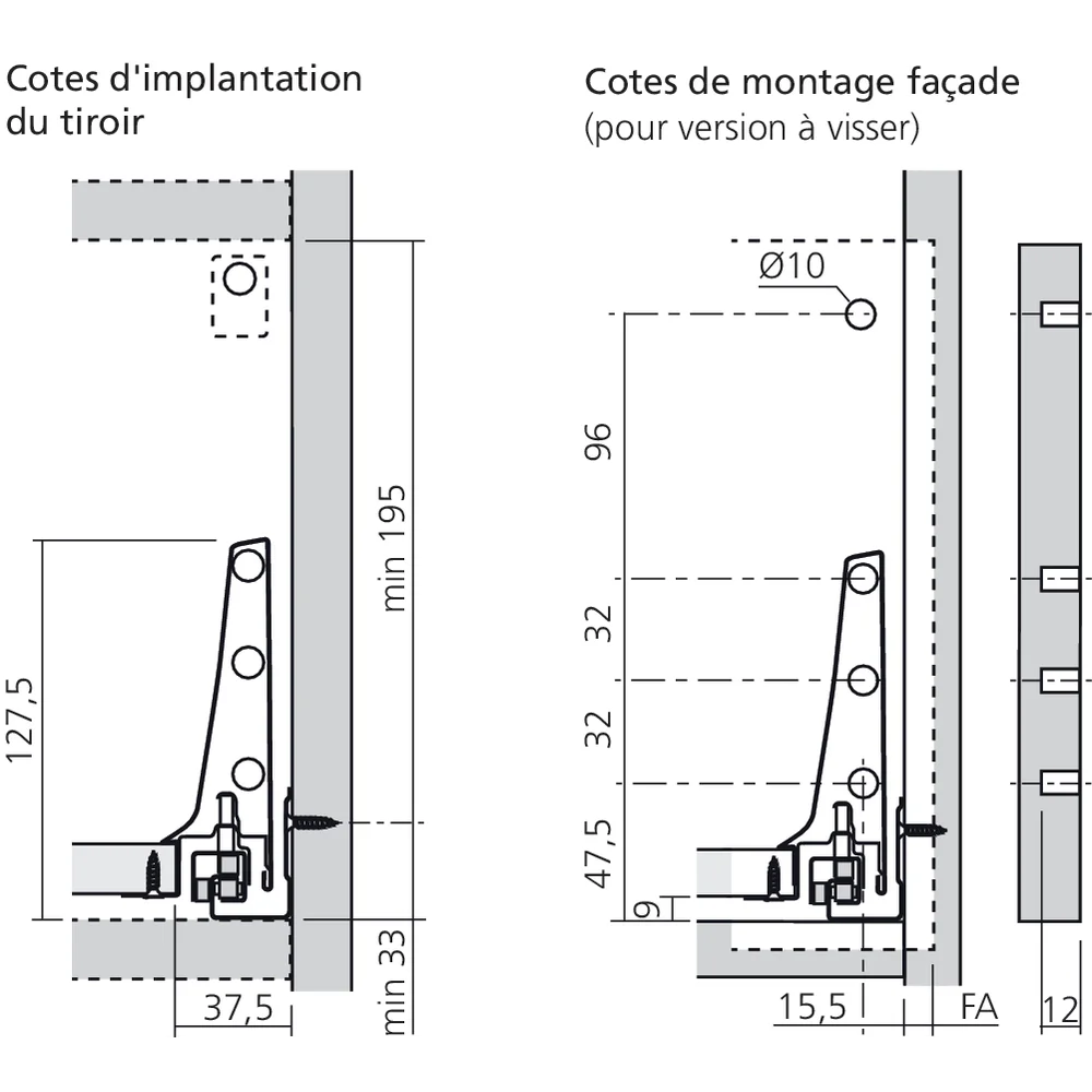 Bloc-tiroir D côté K (H : 228 mm)