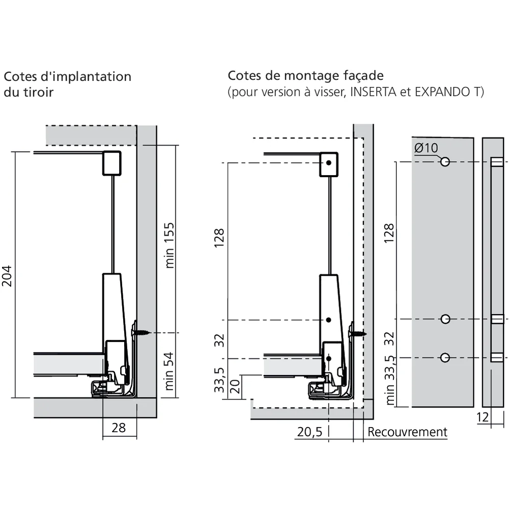 Tiroir standard avec tube E (H : 209 mm)