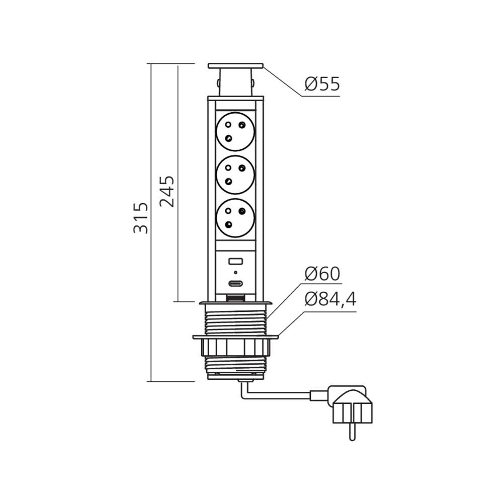 Bloc prises encastrable avec USB A+C diamètre 60