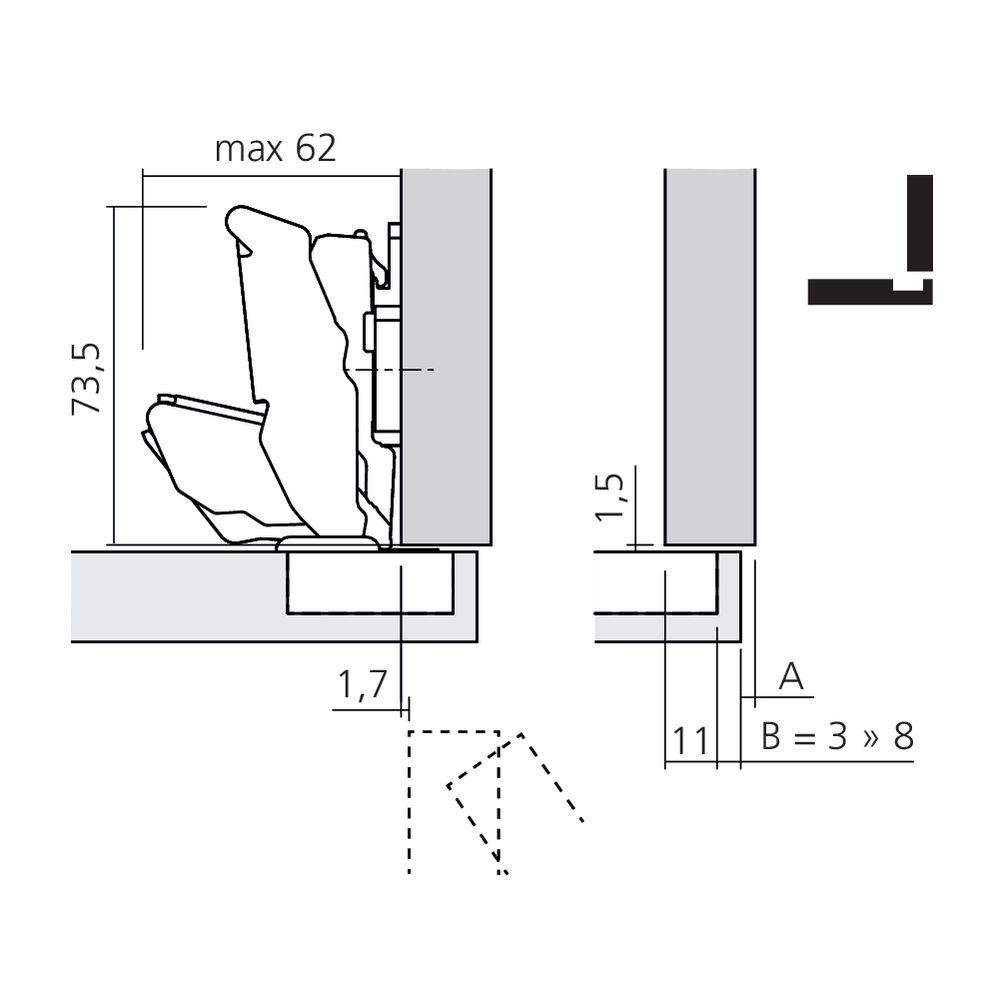 Charnière CLIP top BLUMOTION 125° pour porte épaisse