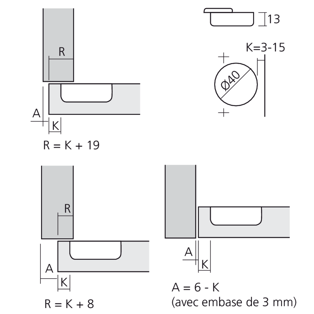 Charnière pour porte épaisse boîtier 40 mm