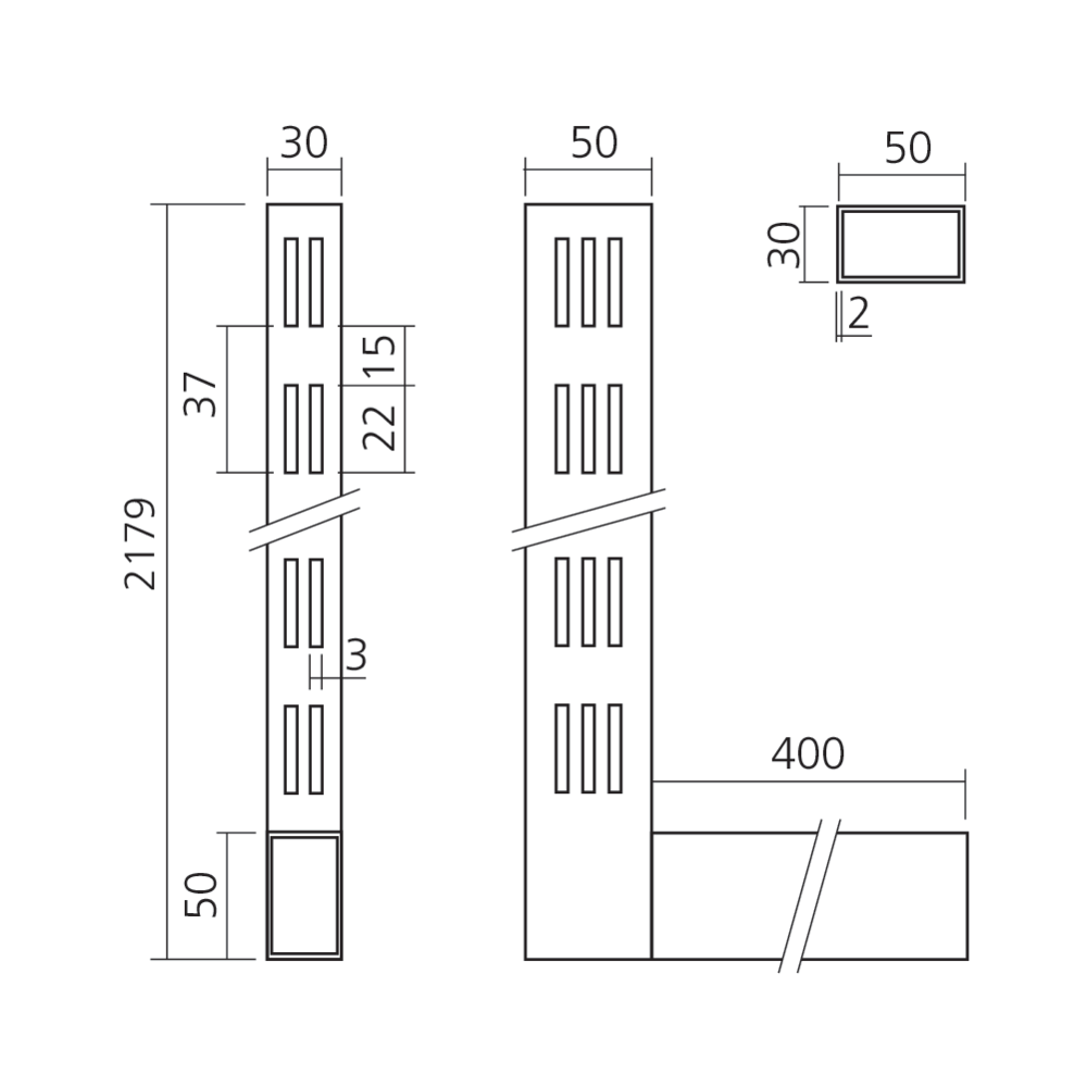 Montant rayonnage simple face 50 x 30 mm