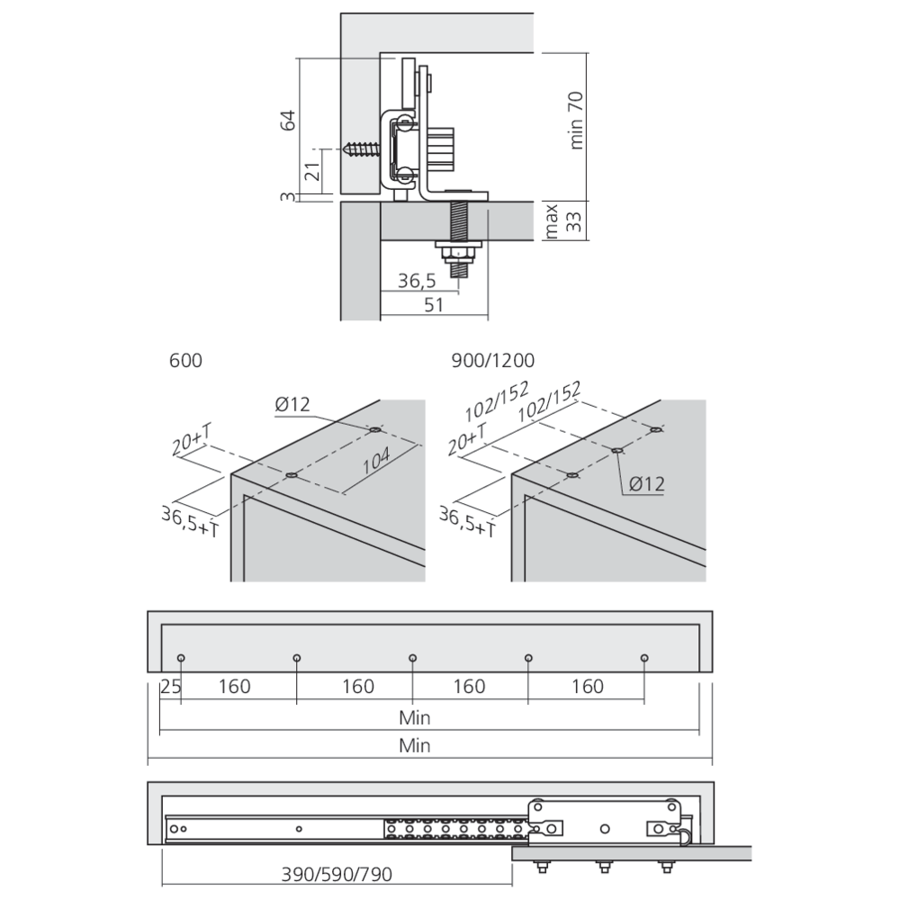 Coulisses de plan de travail 120 kg