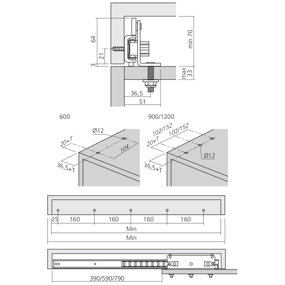 Coulisses de plan de travail 120 kg