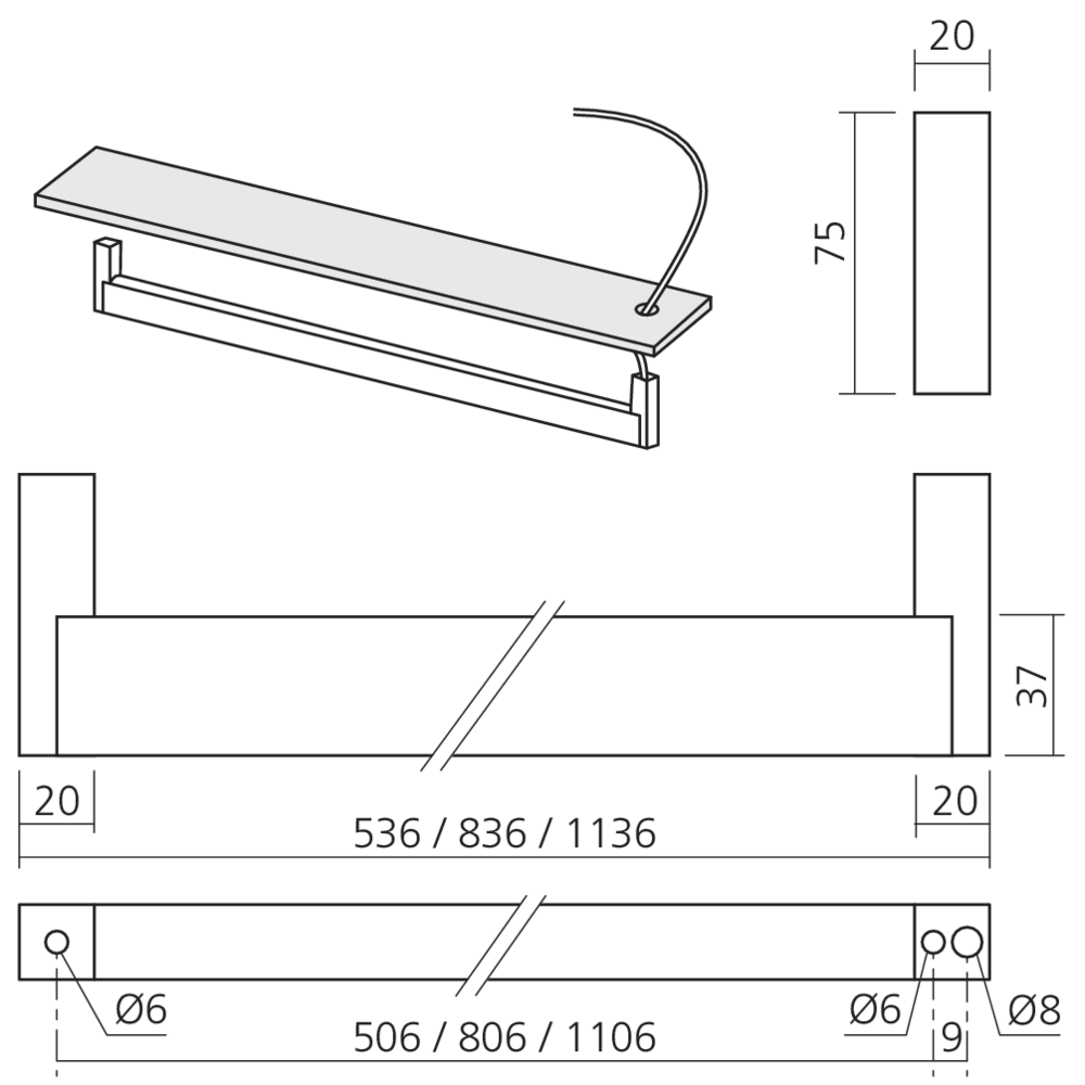Tube de penderie LED 12 V rectangle