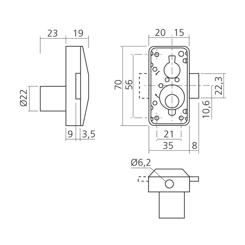 Serrure 3 points cylindre 22
