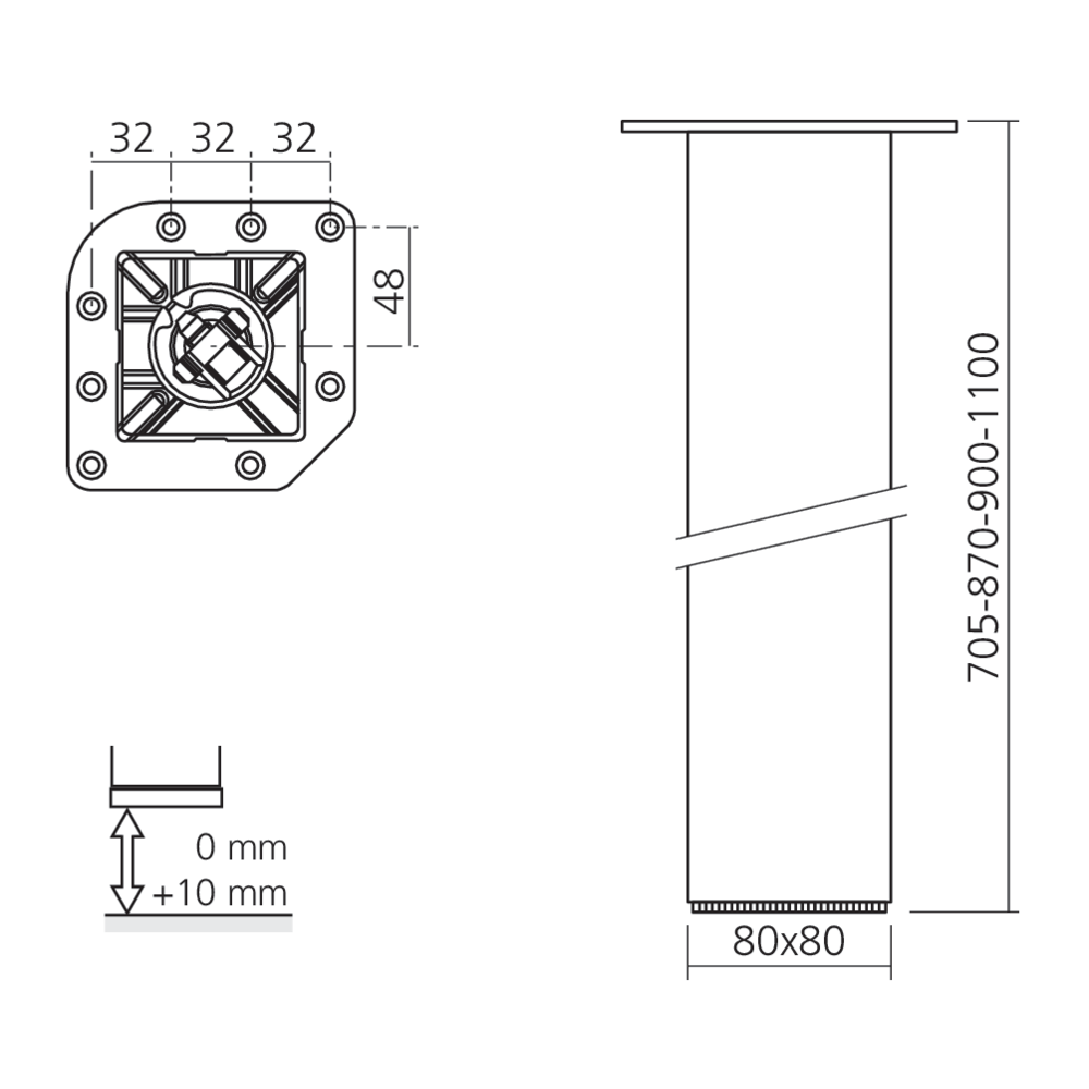 Pied de table carré 80 mm