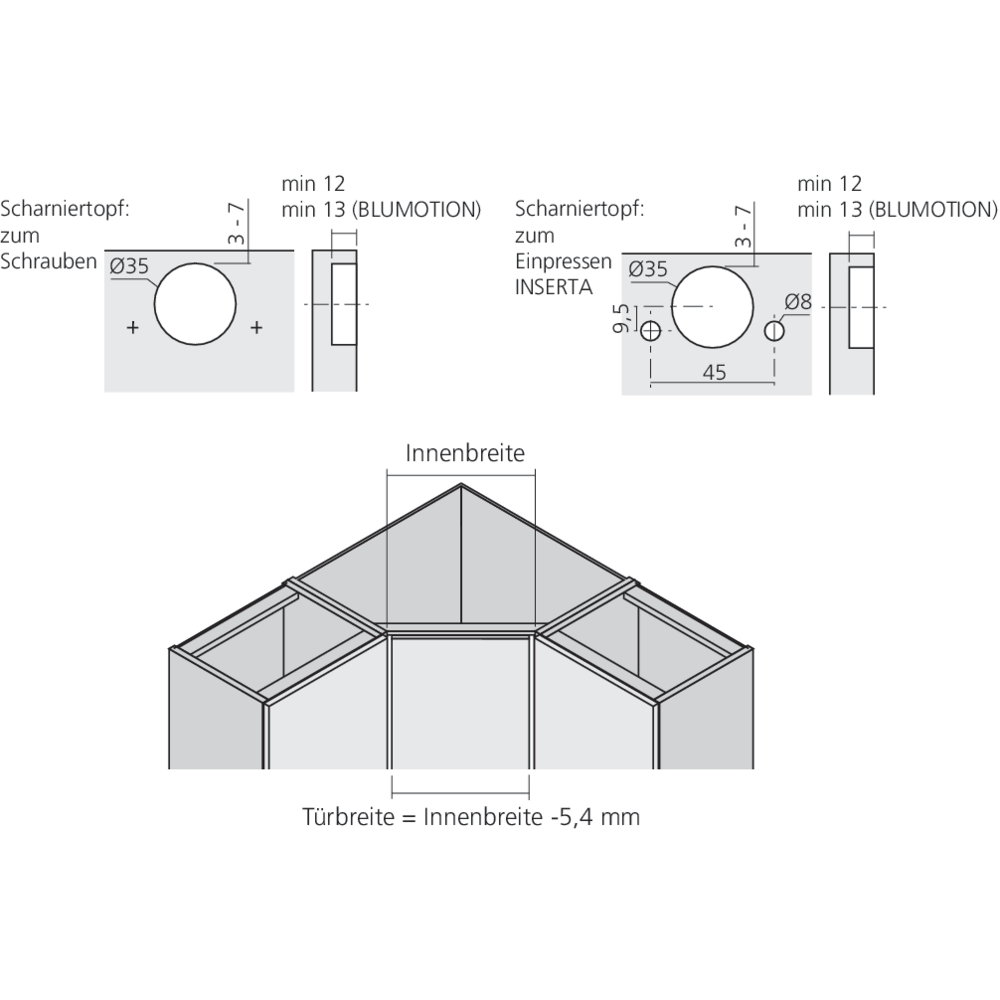 Charnière CLIP top BLUMOTION pour porte d'angle +45°
