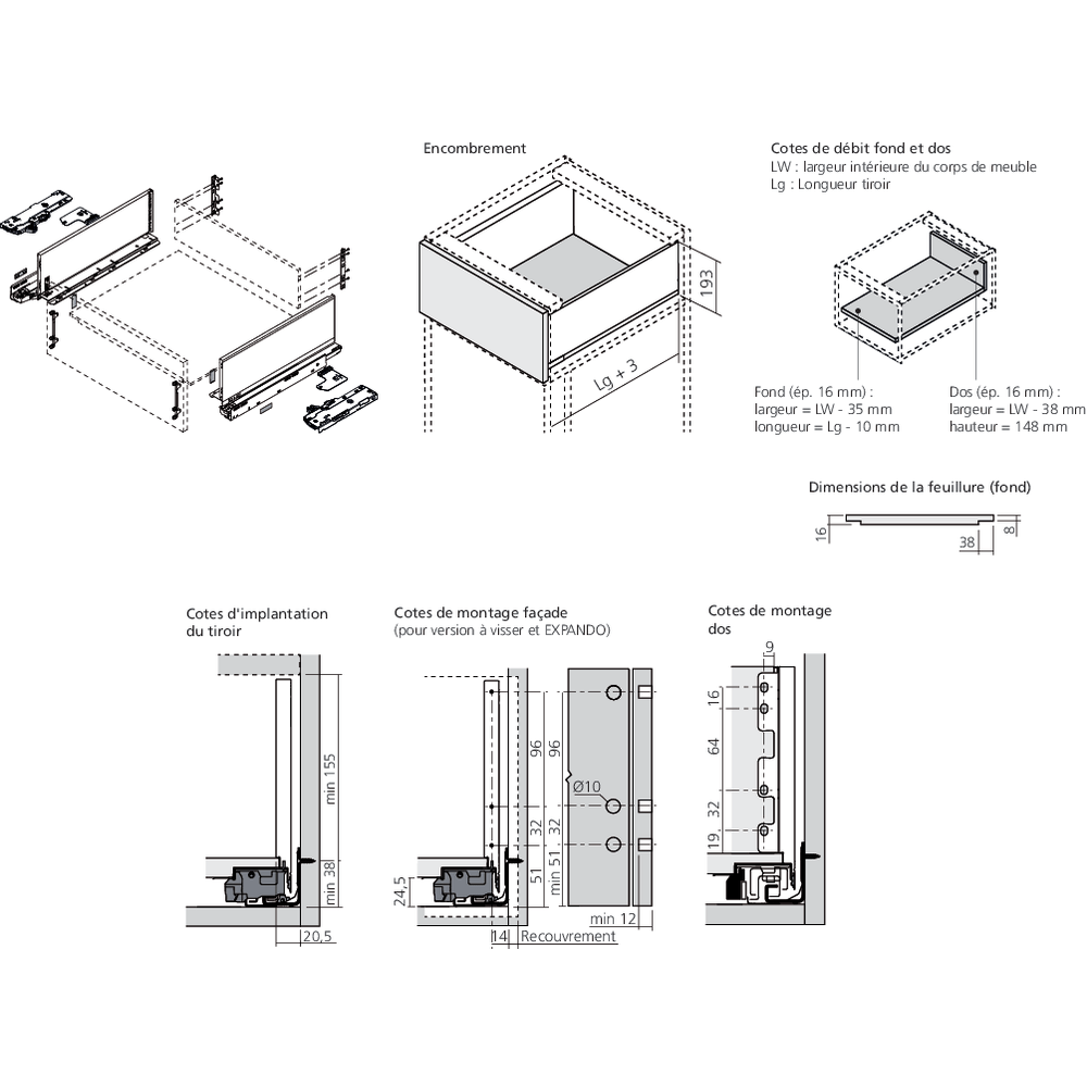 LÉGRABOX BLUMOTION / TIP-ON BLUMOTION noir carbone mat hauteur C
