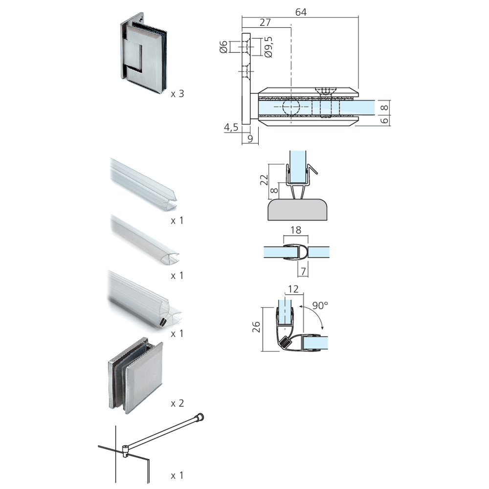 Set 1 porte de douche + 1 fixe angle simple