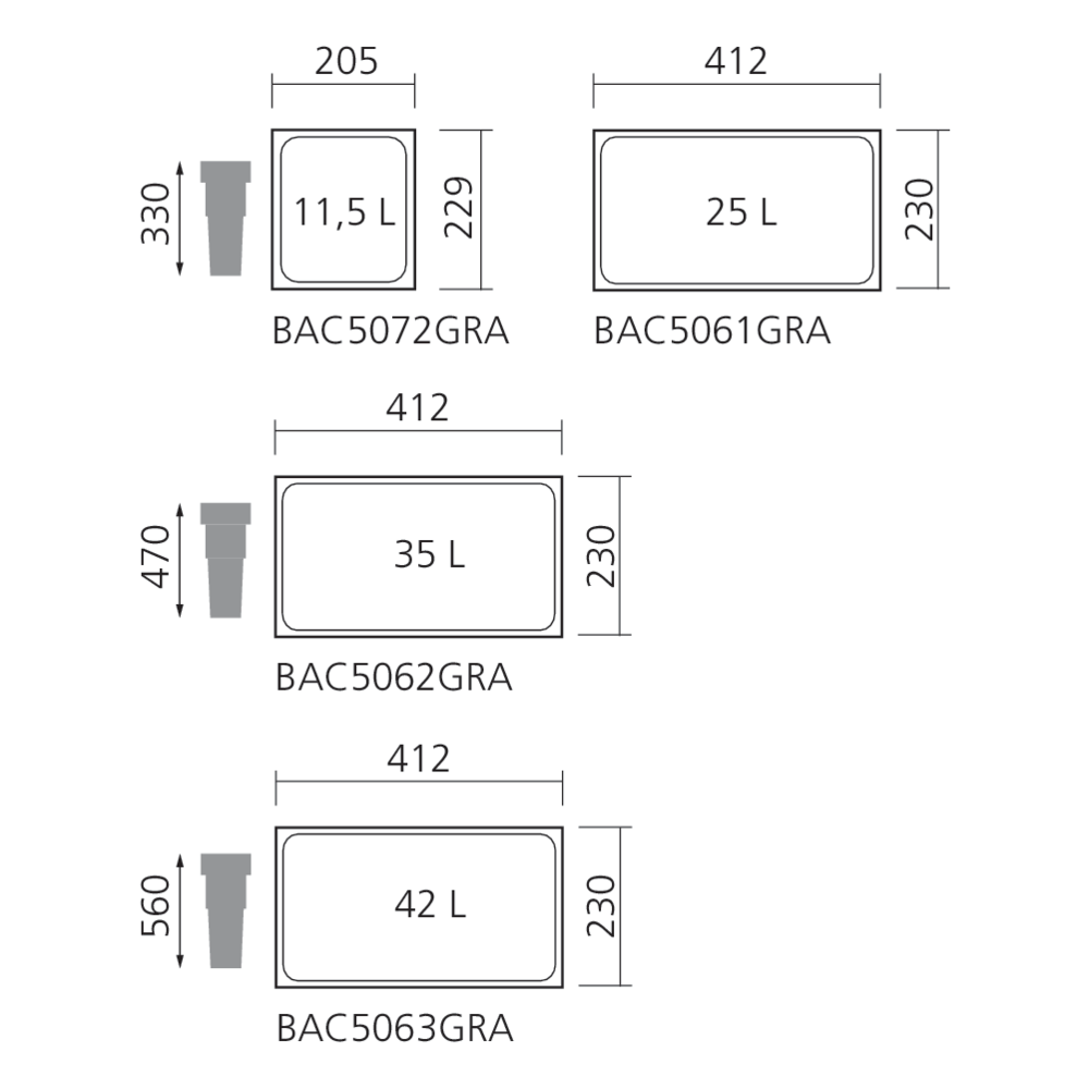 Seaux 11,5, 25, 35 et 42L pour poubelles tiroir anthracite
