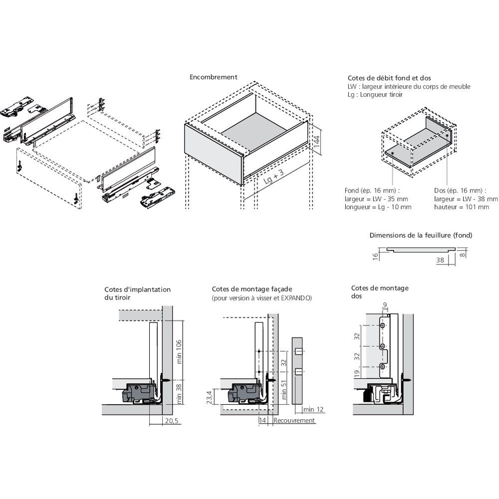 LÉGRABOX BLUMOTION / TIP-ON BLUMOTION blanc soie mat hauteur K