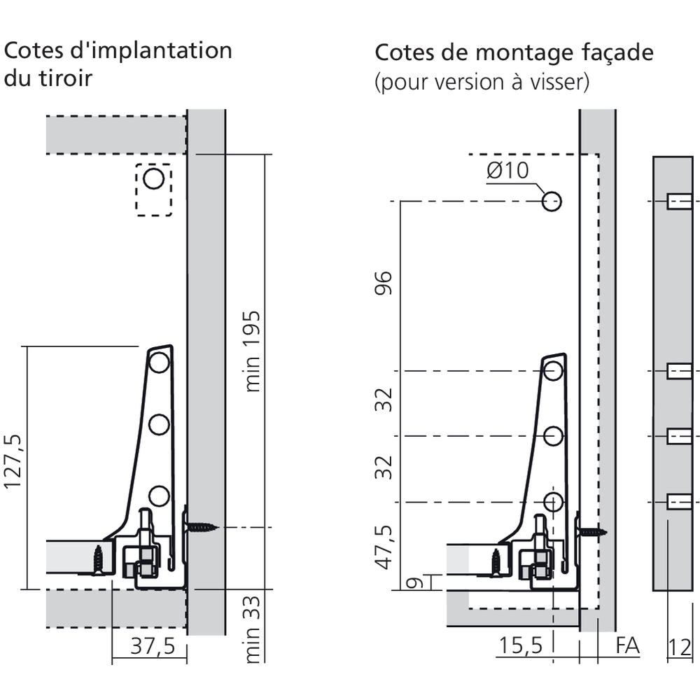 Bloc-tiroir D côté K (H : 228 mm)