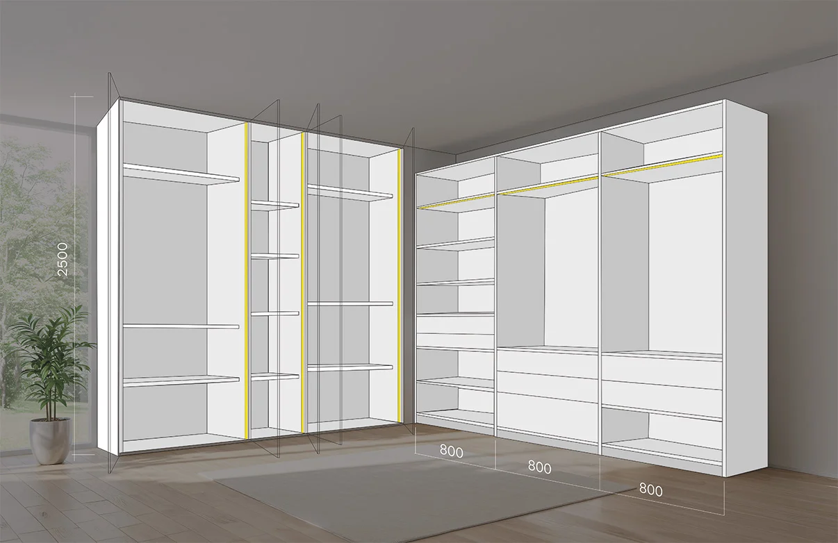 Superposition de la prise de vue réelle du dressing avec le schéma technique du projet, contenant les mesures des meubles